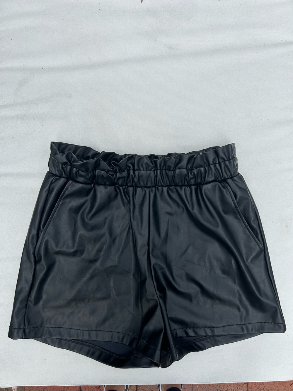 BCBGeneration Black High-Waist Vegan Leather Paperbag Shorts, size M